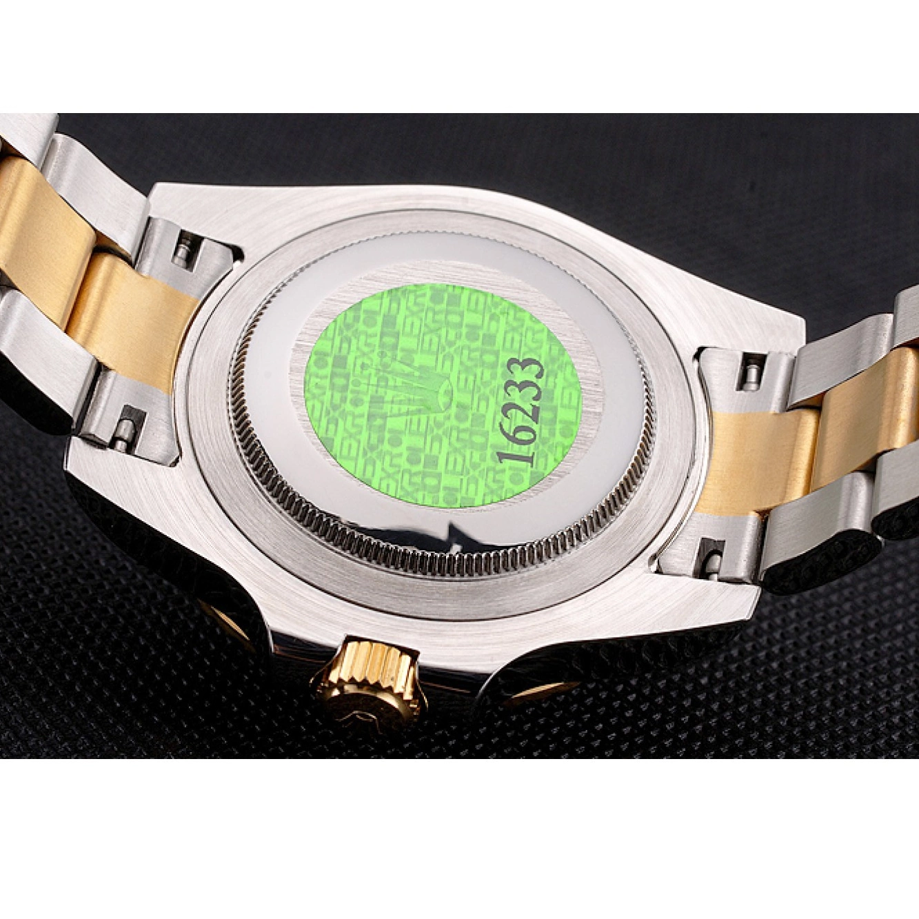 AAA replica watch Markings Gold Black Dial Tone Gold Two Submariner Diamond Bezel Swiss Steel Rolex Bracelet 0818